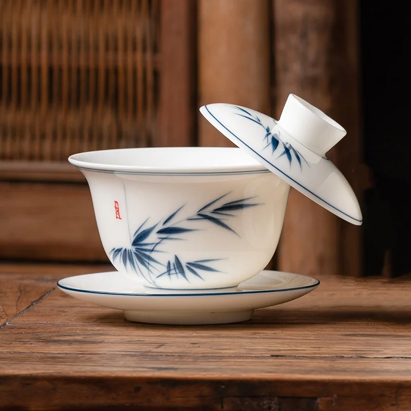 Hand Painted Suspended Gaiwan White Jade Porcelain Tea Bowl Large Kung Fu Tea Ware for Home Tea Serving and Brewing