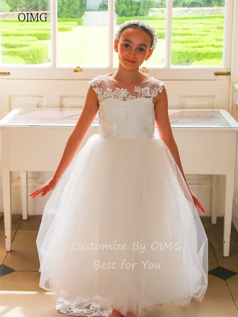 فساتين OIMG الفاخرة من الدانتيل برقبة دائرية على شكل حرف a لفتاة الزهور بذيل طويل لحفلات الزفاف بطول الكاحل فستان عيد الميلاد niñas مخصص #4