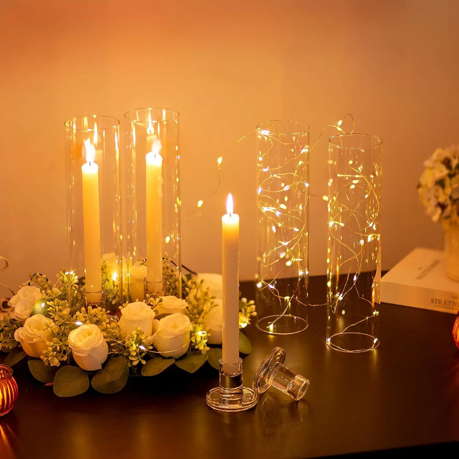 

Candle Stick Candle Holder: Clear Glass Hurricane Candle Holders for Taper Candles 6 PcsCandle Stand with Chimney Cover 11.8inch