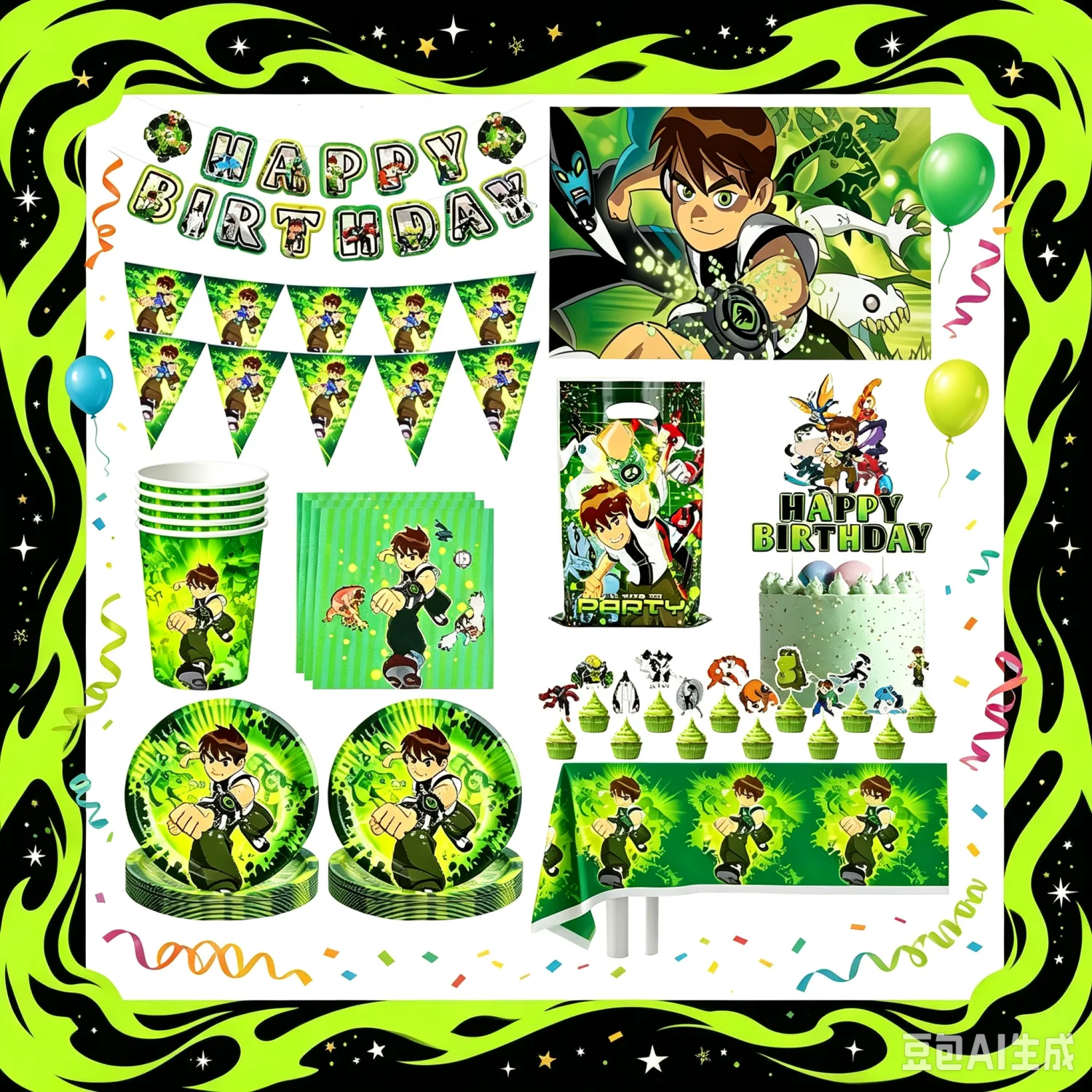 Ben 10 Geburtstagsparty Dekoration Tischware Tischdecke Teller Becher Geschenktüte Serviette Banner Kuchendekoration Ben 10 Partyzubehör