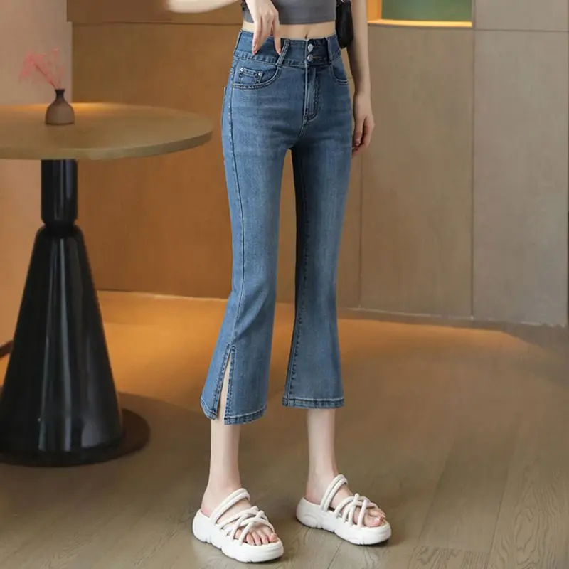 Women's 2026 Spring Summer High Waist Seven Quarter Flared Denim Pants Thin Stretch Slim Casual Trousers With Side Slit