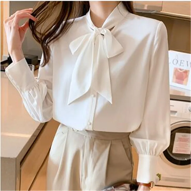 Nieuwe Aankomst Shirt Dames Blouse Vintage Werk Casual Tops Chiffon Blouse Strik Elegante Losse Dames Business Shirts 2024