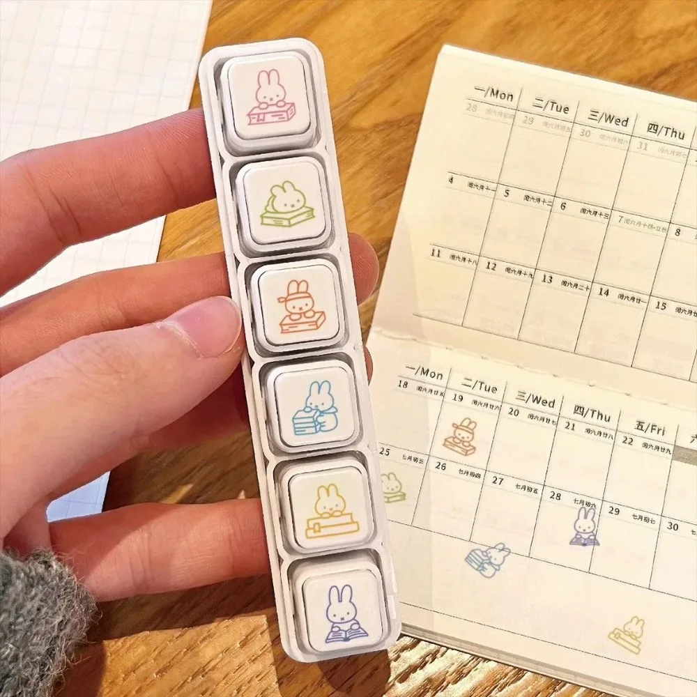Miffy Rabbit 6‑in‑1 Press Seal Stamp Kawaii Cartoon Bunny Pattern Self‑Inking Stamp DIY Scrapbook Planner Decor Stationery Kids