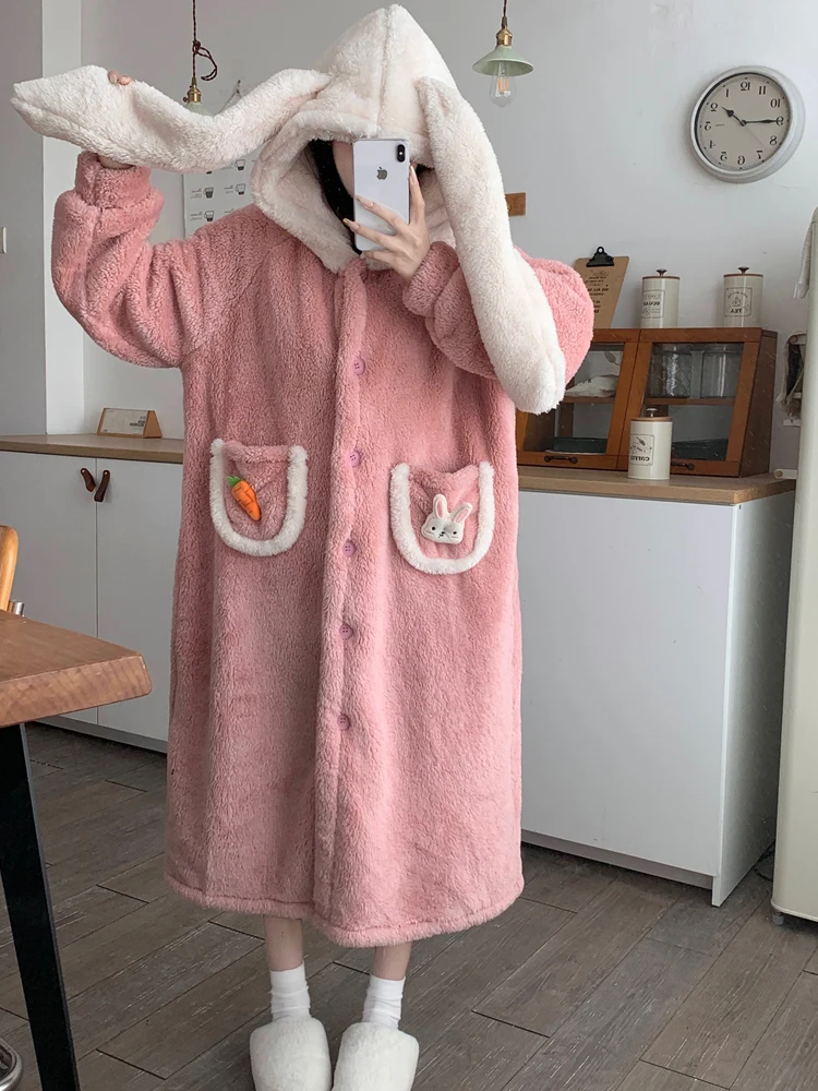 

Winter Full Sleeve Kawaii Rabbit Ear Hooded At Home Thickening Flannel Comfort Pajamas Single breasted Sweety Pink Pajamas Dress