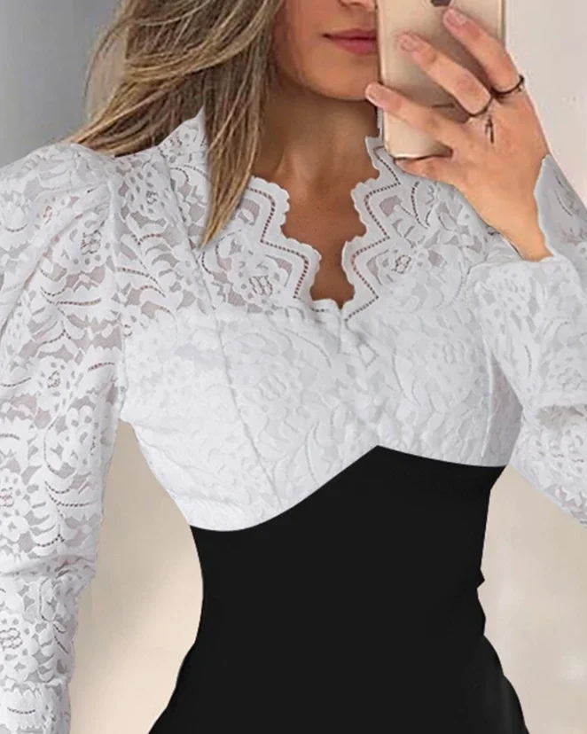 CPSYMYM ชุดสตรีฤดูใบไม้ผลิ Colorblock เซ็กซี่ Contrast Lace Bell Sleeve V คอแขนยาว Bodycon ทุกวัน Semi-Sheer Mini