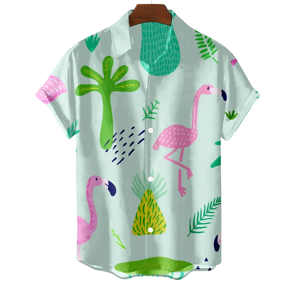 Hawaiian Flamingo Print Casual Men's Shirt Fashion Short Sleeve Men's Cardigan Top Lapel Plus Size Men's Short Sleeve Shirt