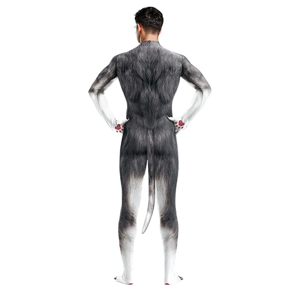 Sexy Huskies Werwolf Wolf Jumpsuit Catsuit Fantasy Cosplay Kostüm Halloween Zentai Herren Damen Unisex Verführerischer Schwanz Bodysuit – Detail 7