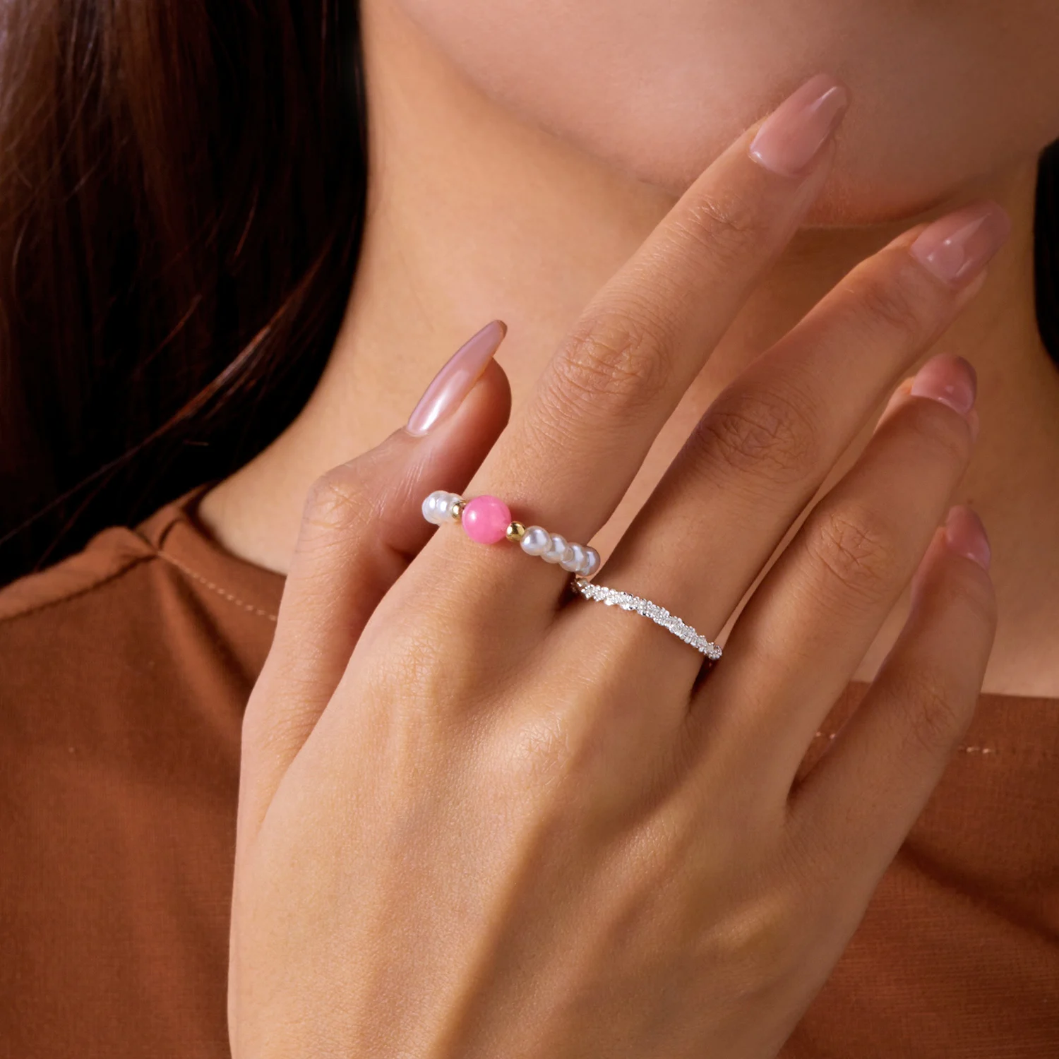 2Pcs White Round Imitation Pearl Beaded Sparkling Rings Set Women Girls Korean Fashion Knuckle Finger Ring Aesthetic Jewelry