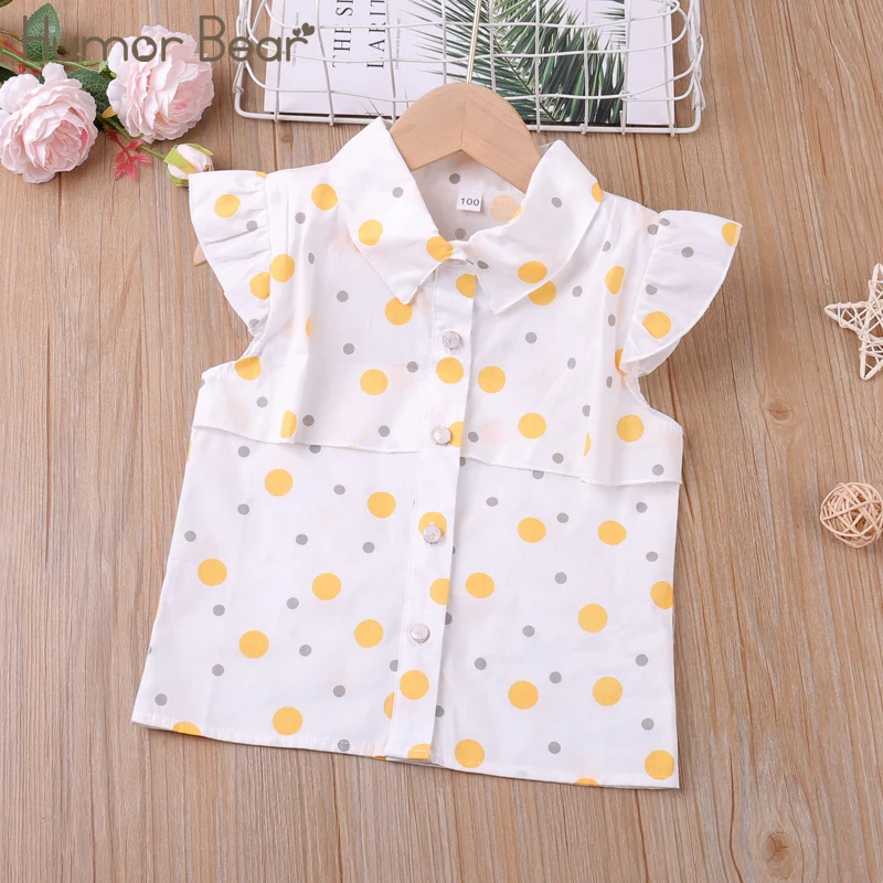 Humor Bear Girls Shirt Summer Flying-Sleeve Ploka Dot Printed Lapel Collar Causal Fashion Toddler Kids Top