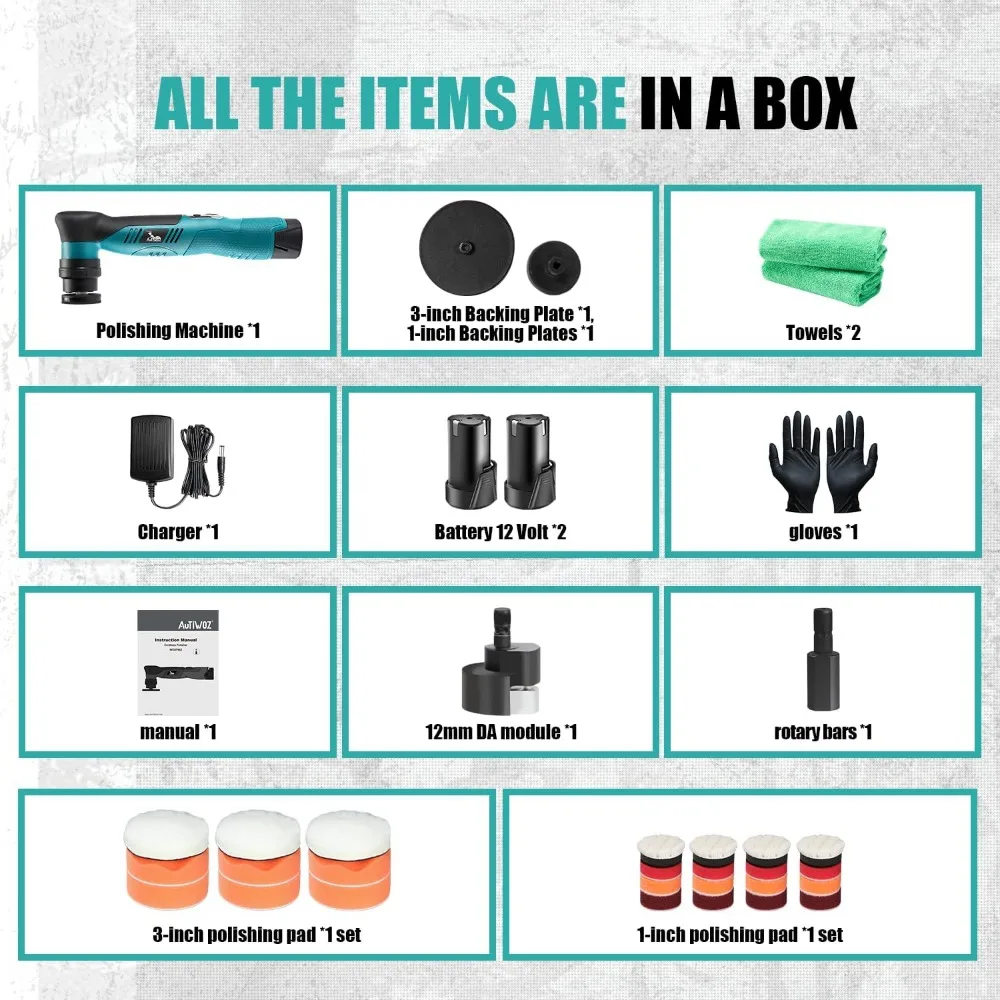 Pemoles Mobil Mini Tanpa Kabel, 6 Kecepatan Mode Ganda, Orbital & Rotary 12mm, 2 Baterai untuk Pemolesan & Penghilangan Goresan
