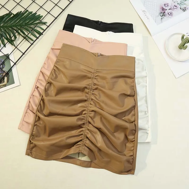 Solid Pleated Leather Mini Skirt 2021 Autumn Women High Waist Sexy Slim PU Leather Short Skirt Solid Color Party Pleated Skirt