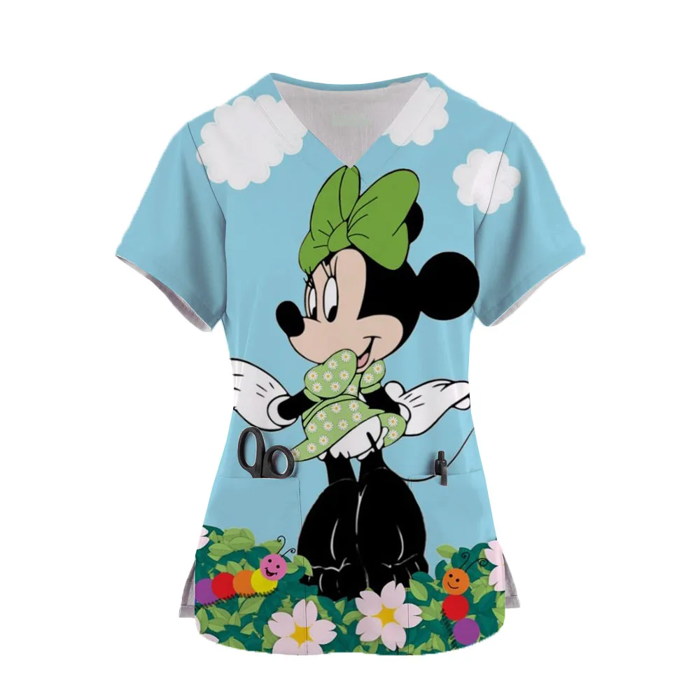 

Kawaii Nurse Uniform Scrubs Mickey Mouse Tops Womens Cartoon Print Short Sleeve Pocket Overalls Uniforms Medical Nursing Blouse