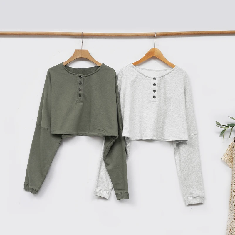 الخريف امرأة المرأة القطن البلوز القصير الرجعية بلون جولة الرقبة طويلة الأكمام نصف زرر فضفاض هوديس المتضخم