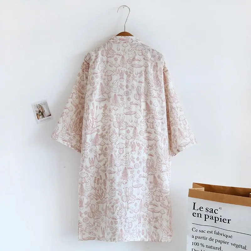 Japanese Series Ms. Pure Cotton Double Gauze Frenum Long Sleeve Home Skirt Night Gown Bathrobe Summer Refreshing Comfort Loose