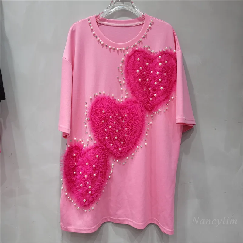 European Style Loose Tshirt Dress Womens 2024 Summer New Short Sleeve Cute Youth-Looking Mesh Pink Love Beaded Fashion Dresses