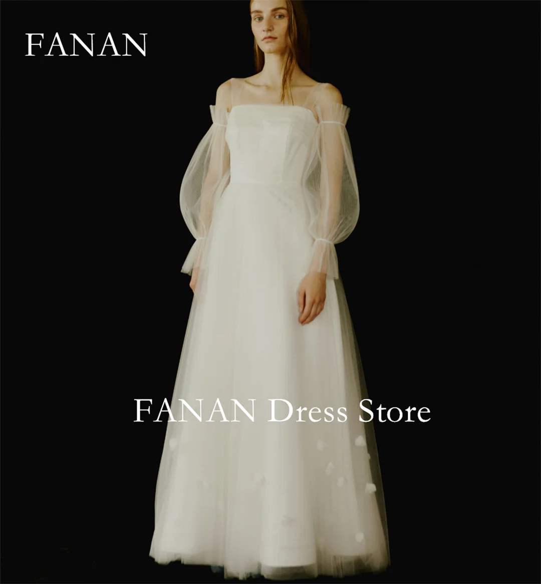 

FANAN Photoshoot Korean Off Shoulder Ivory Wedding Dress Tulle Customized Puffy Sleeves Classic Bride Dresses Bridal Gowns