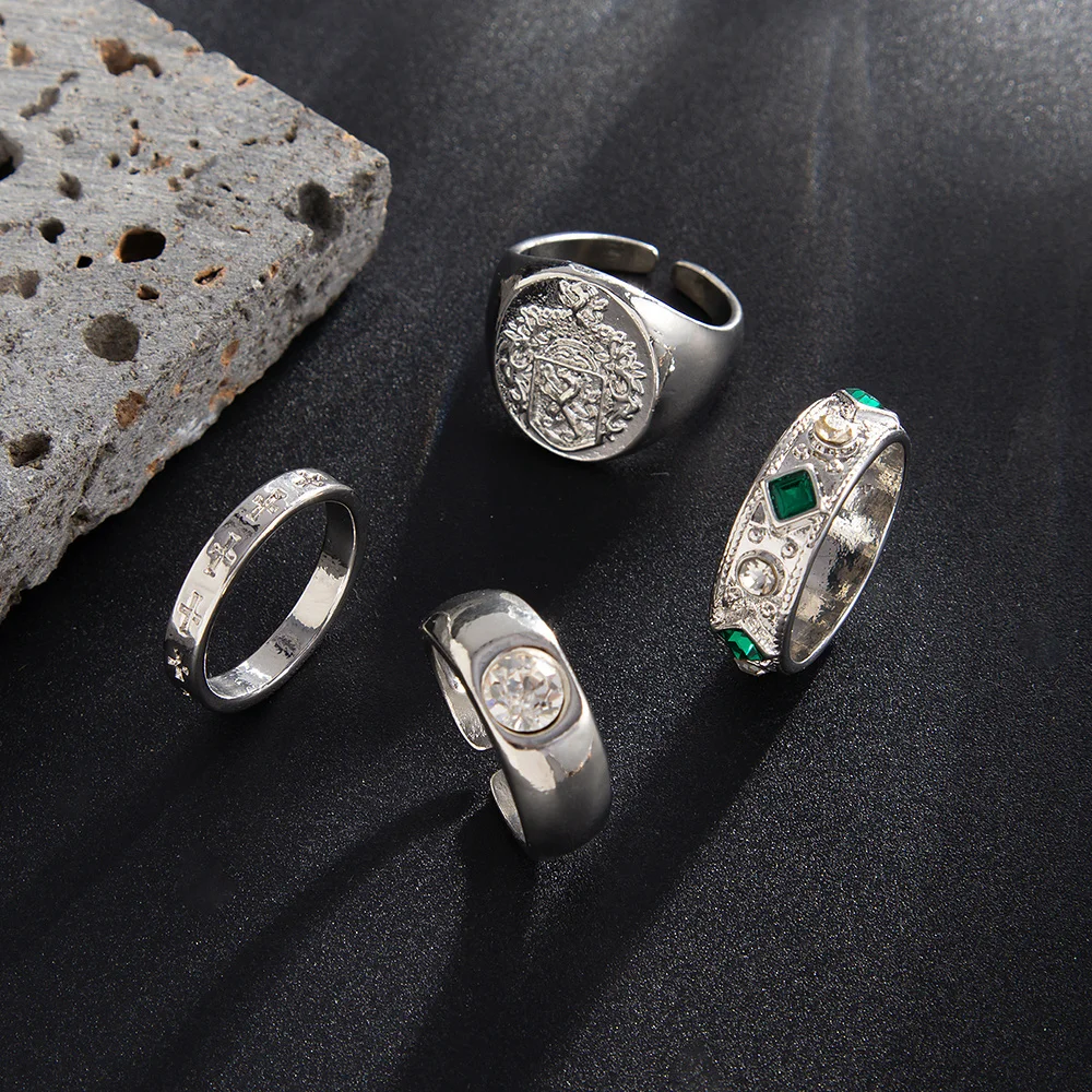 Grüner Stein-Wappenring-Set für Herren, goldfarbener Ring, silberfarbene, gravierte Bänder, Vintage-Königs-Siegelring, Schmuck, Hip-Hop-Geschenk – Detail 4