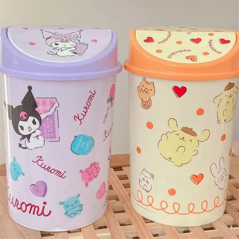 Cartoon Desktop Trash Can Kawaii Kuromi Melody Cinnamoroll Cute Flip Cover Paper Basket For Bedroom Room Decor