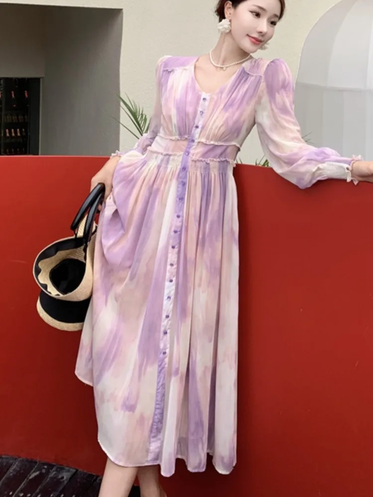 

French Chic Chiffon Print Women's Dress Summer Purple Princess Prom Long Sleeveless Slim Waist Dresses New Female Vestidos