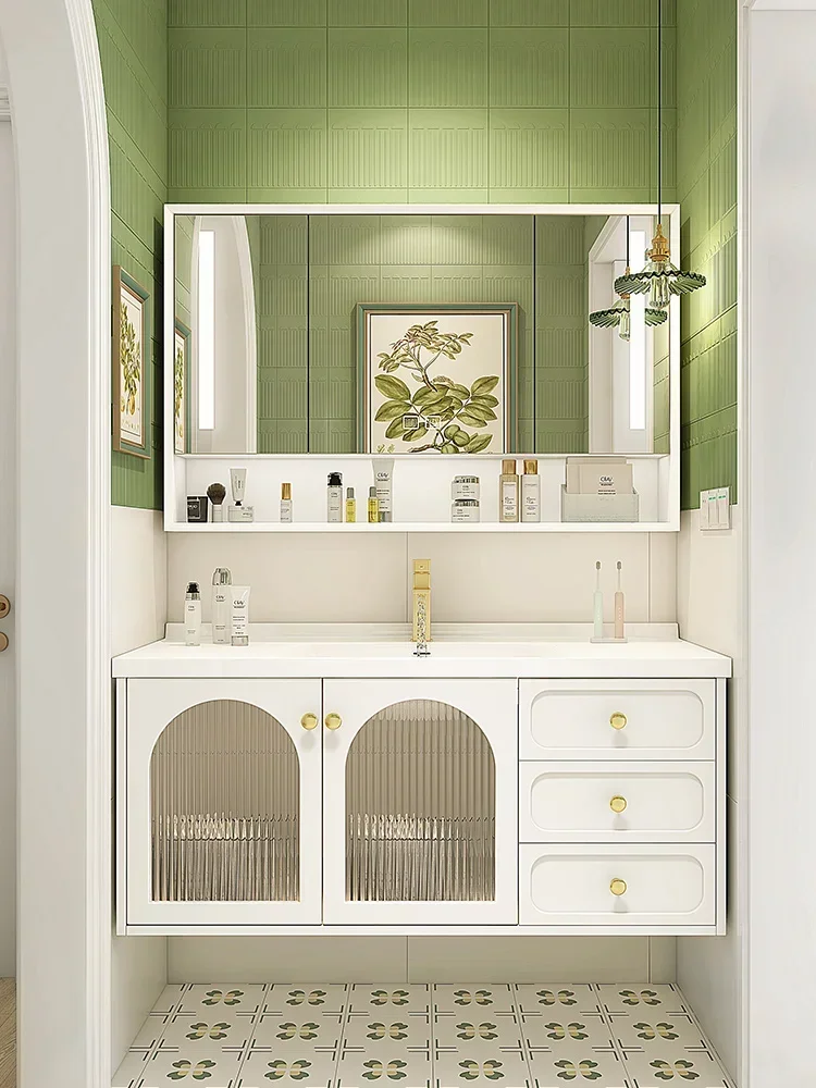 Modern Cream Style Bathroom Cabinet Ceramic Washbasin French Bathroom Makeup Mirror Vanity Combo Custom