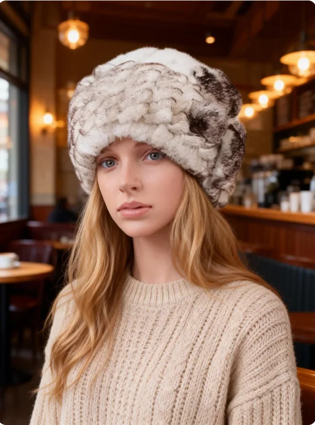 Natural Rex Rabbit Hair Knitted Cap Custom Floral Design Warm Fashion Fur Winter Hat for Women Autumn Season Accessory