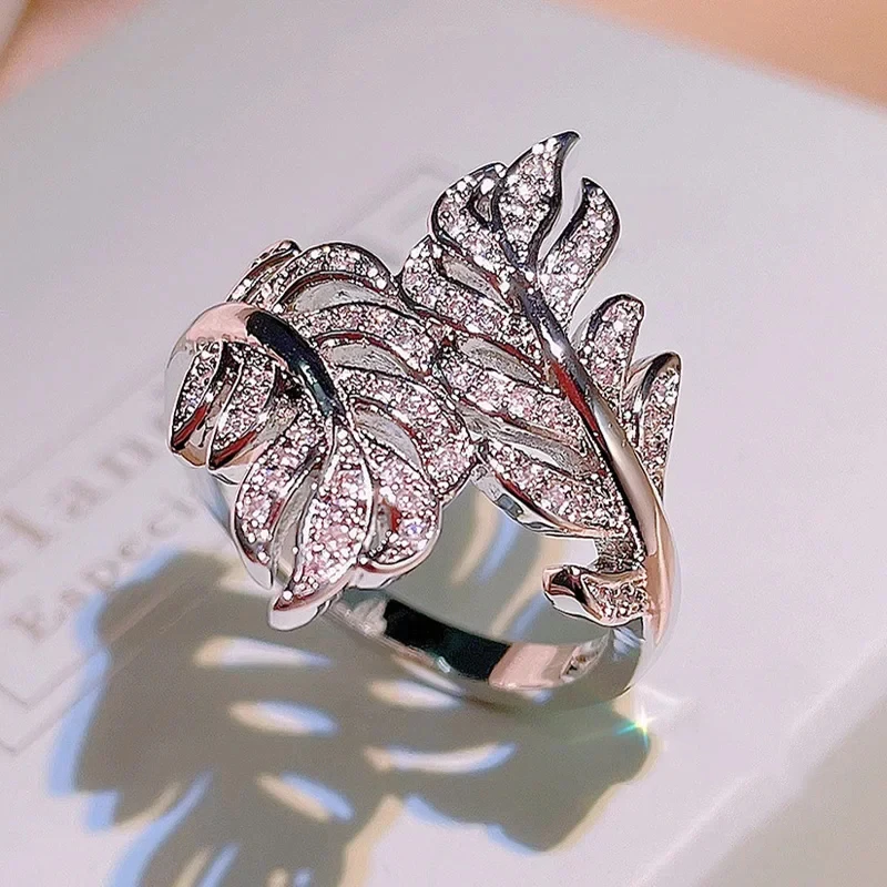 

925 Sterling Silver Rings for Women Princess Propose Marriage Cubic Zirconia Feather Design Ring Romantic Bridal Wedding Bijoux