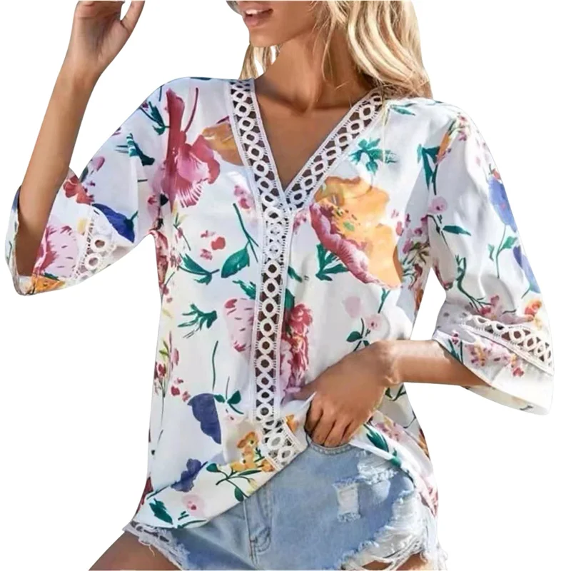 ASDS-3/4 Length Sleeve Womens Summer Trendy Bell Sleeve V-Neck Dressy Casual Ethnic Bohemian Print T-Shirt