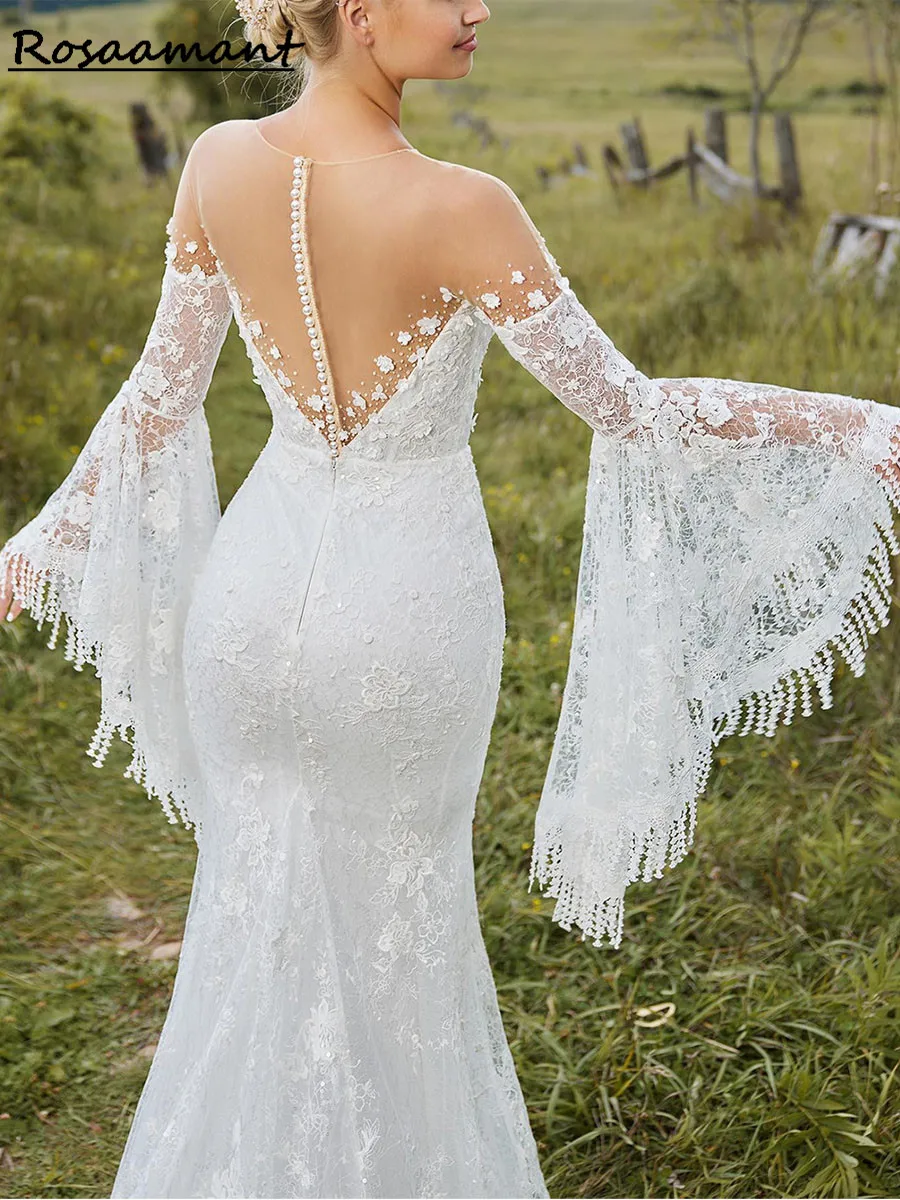 Abito da sposa Boho a-line abito da sposa a maniche lunghe senza schienale abiti da sposa personalizzato Vestido De Noiva