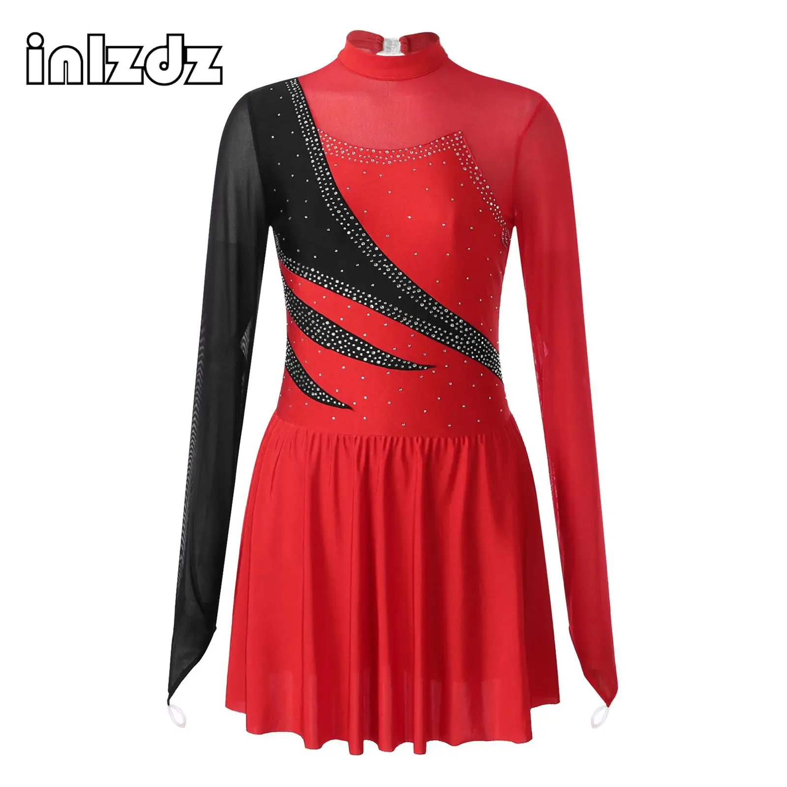 Women Figure Skating Dress Mock Neck Rhinestone Gymnastics Leotard Dress Ballet Dance Bodysuit Ballroom Performance Costume