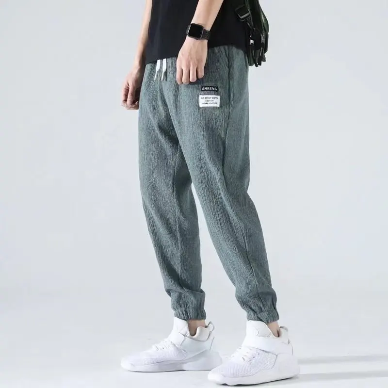 Ice Silk Casual Pants Men's Loose Cuffed Ultra-Thin Sle  Nine-Point Linen Pants Boys Spring Summer Cotton Linen Pants