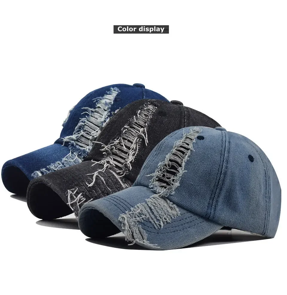 Retro Holes Denim Baseball Cap for Men Women Casual Cowboy Hat Adjustable Fashion Outdoor Sun Visor Hip Hop Bonnet кепка Y2k