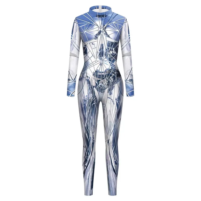 Halloween Couple Sexy Tights Reflective Pattern Silver Alien Jumpsuit Men's Bodysuit Women's Zipper Back Cosplay Costume Party