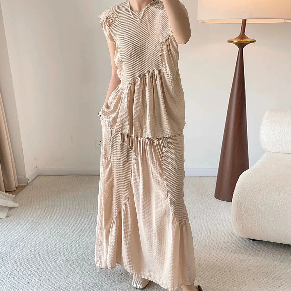 

Fold Beige Textured Peplum Top & Wide Leg Pants Set, Sleeveless Loose Fit Lightweight Breathable Women's Summer Casual Co-ords