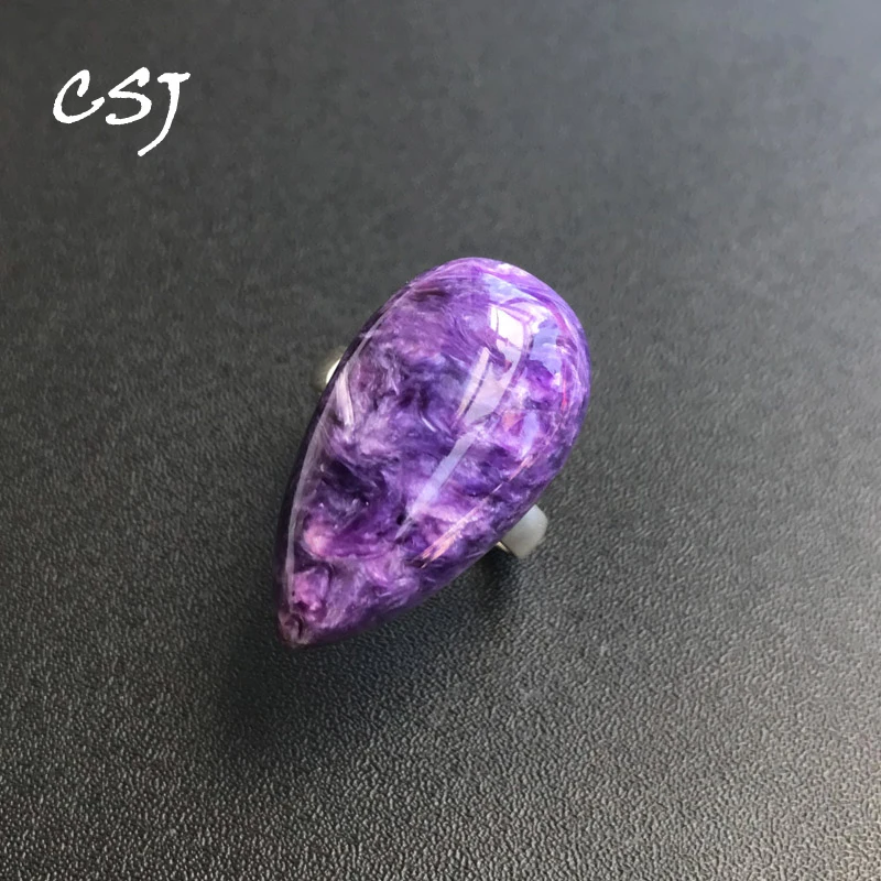 

CSJ Big Stone Natural Charoite Rings 925 Sterling Silver Gemstone Pear 15*28mm for Women Party Christmas Gift