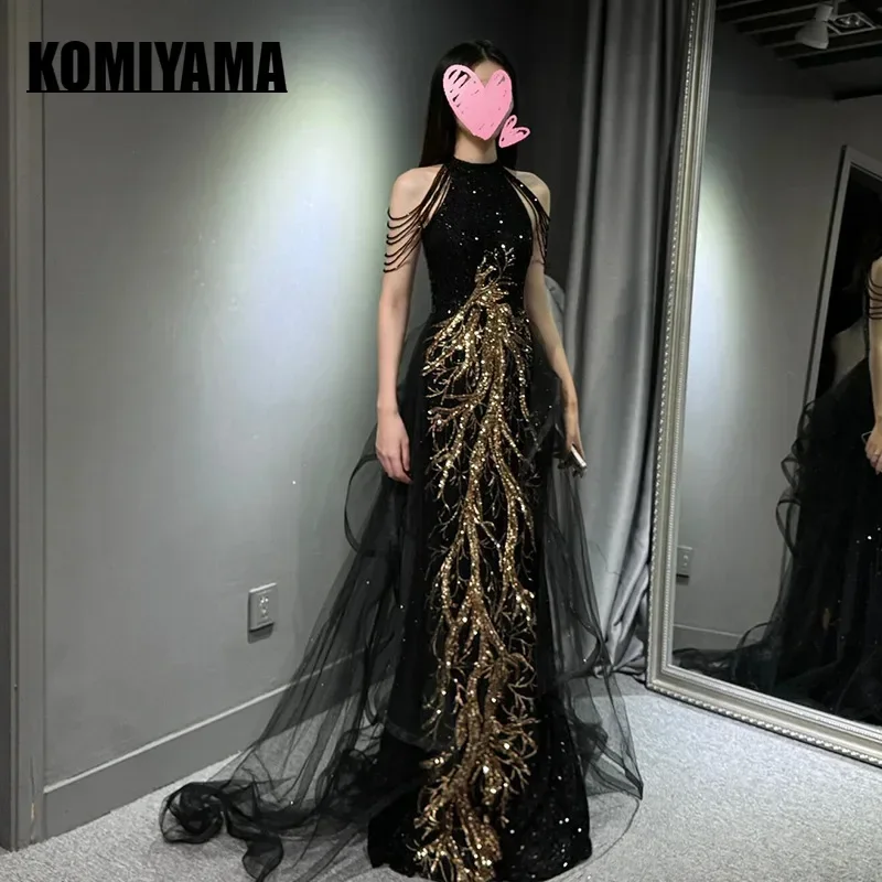 Customized Black Temperament Banquet Evening Dress Slim Waist Sleeveless Deisgn Hang Neck Wedding Party Robe Fishtai Trailingl D