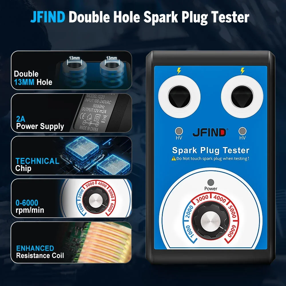 JFIND JF109 Spark Plug Tester Double hole Diagnostic Tool Car 12V Spark Tester 0-6000rpm Auto Engine Ignition Detector Tools