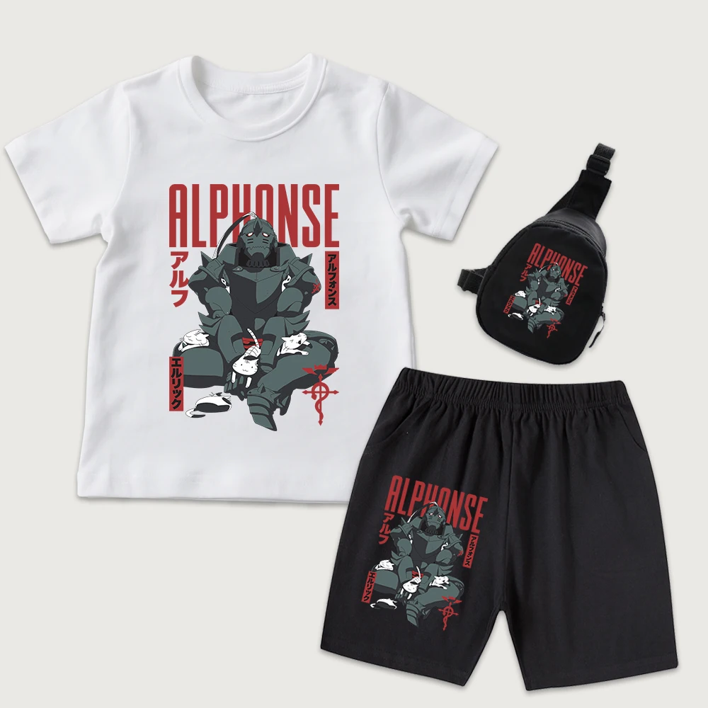 Full Metal Alchemist Alphonse Anime Print Cotton Kids Outfit Boys Girls T Shirt Shorts Mini Chest Bag 3Pcs Set