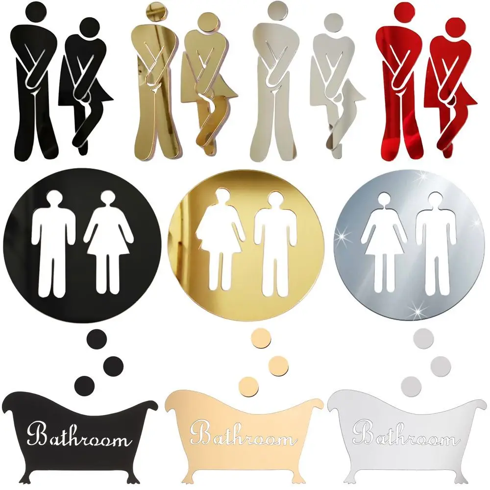 Funny WC Woman Man Sign Wall Stickers Removable Washroom Poster 3D Wall Stickers Mirror Surface Decal Toilet Entrance Sign