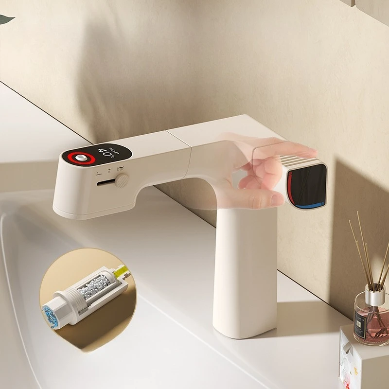 

Milk White Digital Pull-out Faucet for Household Bathroom and Toilet, Hot and Cold Filtration and Purification Faucet