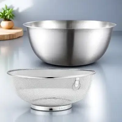 

2Pcs Stainless Steel Draining Basket Set Fine Mesh Metal Basin for Rice Washing Vegetable Cleaner Compact Storage Friendly