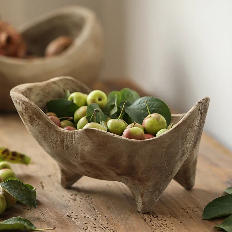 Wooden ingot-shaped tray with feet, wabi-sabi style ornaments, coffee table, solid wood fruit plate, B&B style soft decoration