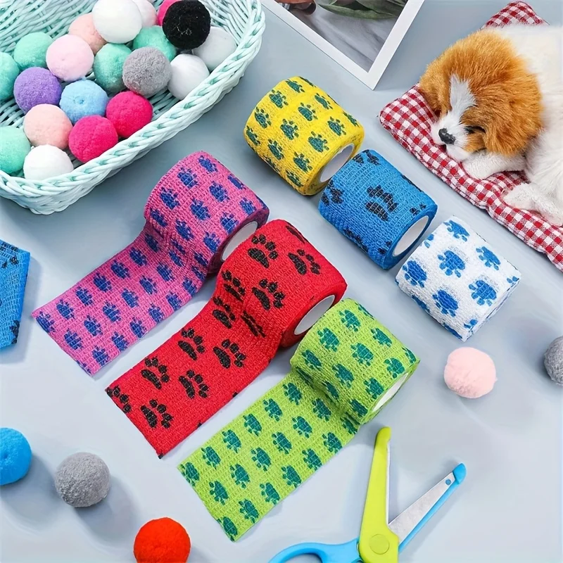 

Pet Tape Mixed Color Self Adhesive Rolls Breathable Fabric Elastic Bandages Cute Paw Print Ideal for Wound Care Veterinary Use