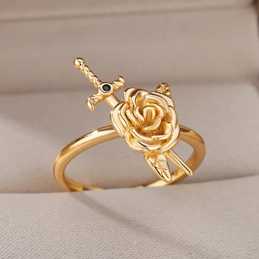 Zircon Sword Rose Flower Rings For Women Gold Color Open Ring Female Fashion Party Finger Jewelry 2026 New Trend
