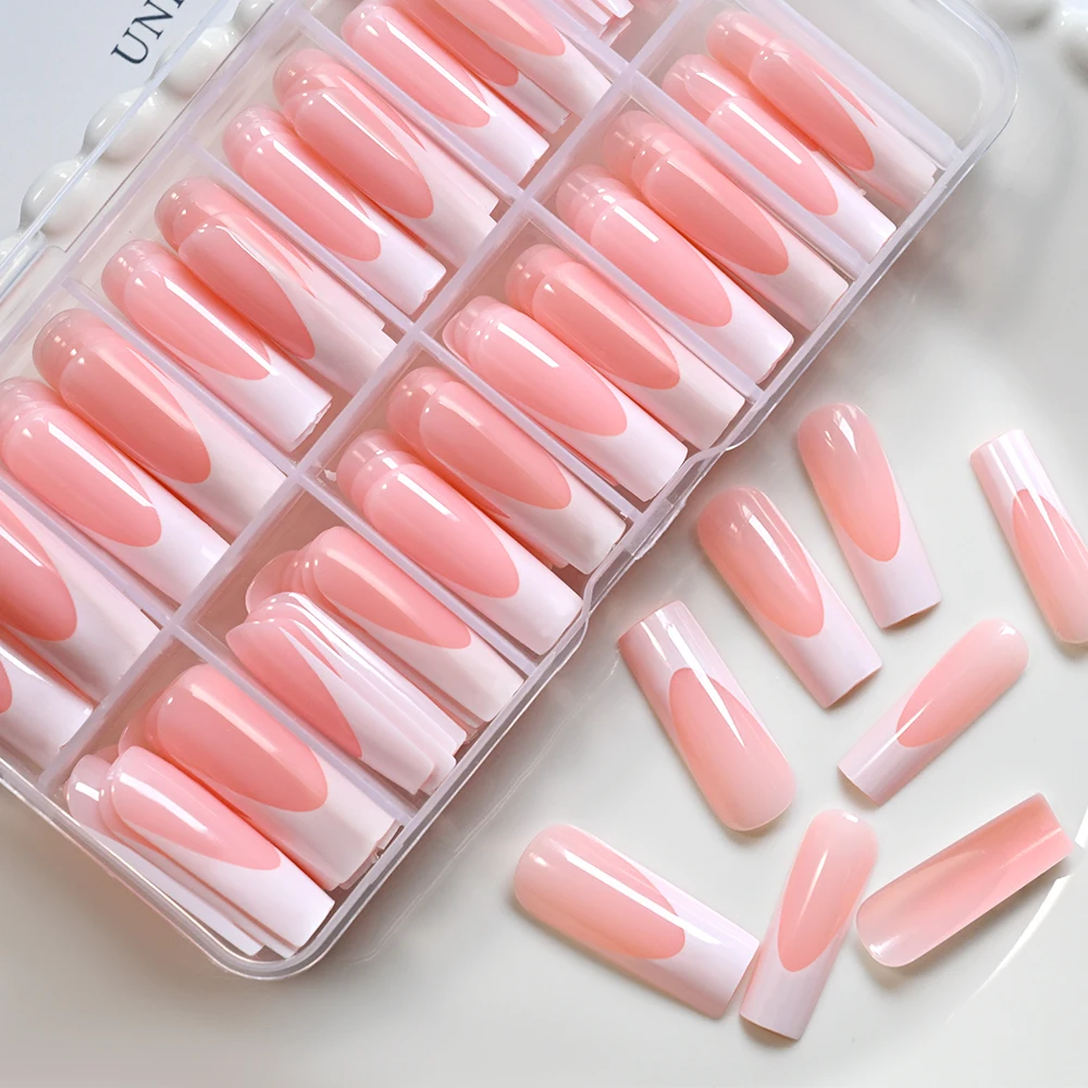 

120 шт. простых белых французских накладных ногтей с длинным квадратным кончиком, 10 размеров, нюдово-розовые глянцевые искусственные ногти, полное покрытие, готовые к носке
