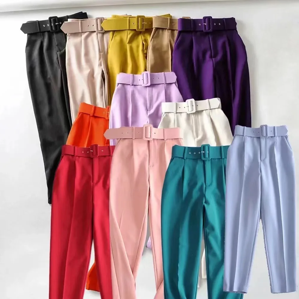 

Casual Straight Leg Pants High Waist Belt Decorated Pure Color Slim Fit Stretchy Nine Points Suit Sle Women's Leisure Trousers