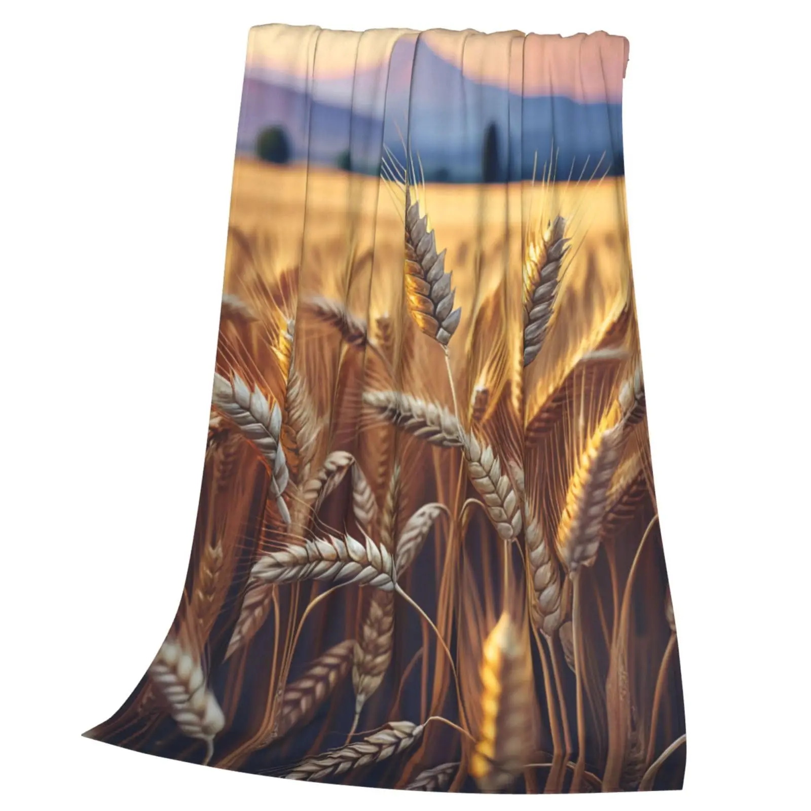 Rustic Wheat Field Fleece Throw Blanket, Soft Cozy Countryside Scene Flannel Blanket for Sofa Camping Trips Office Nap Blanket