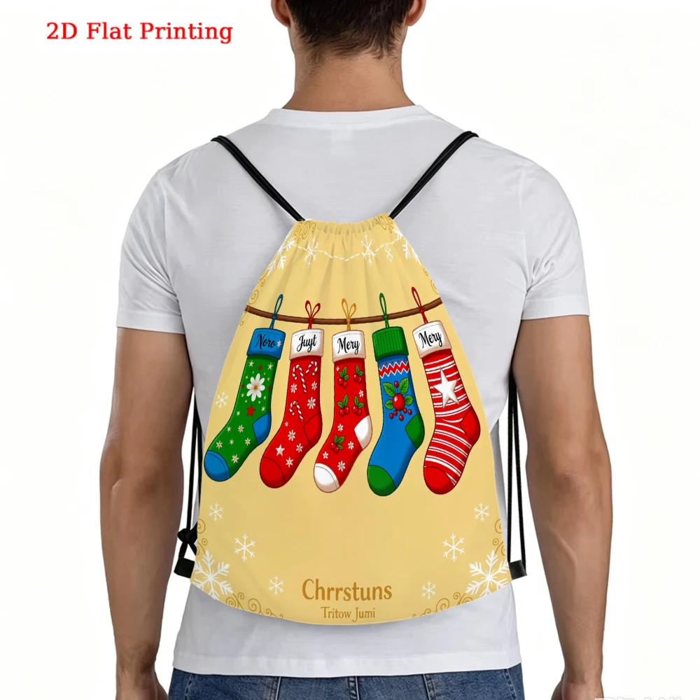 2D Flat Printing, Drawstring Backpack, Christmas Stockings Pattern, Fitness Sports Backpack, Outdoor Travel Drawstring Bag