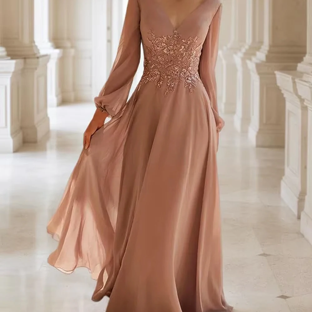 Robes mère de la mariée personnalisées à manches longues pour femmes, avec des appliques en dentelle et en mousseline de soie, robe de soirée formelle