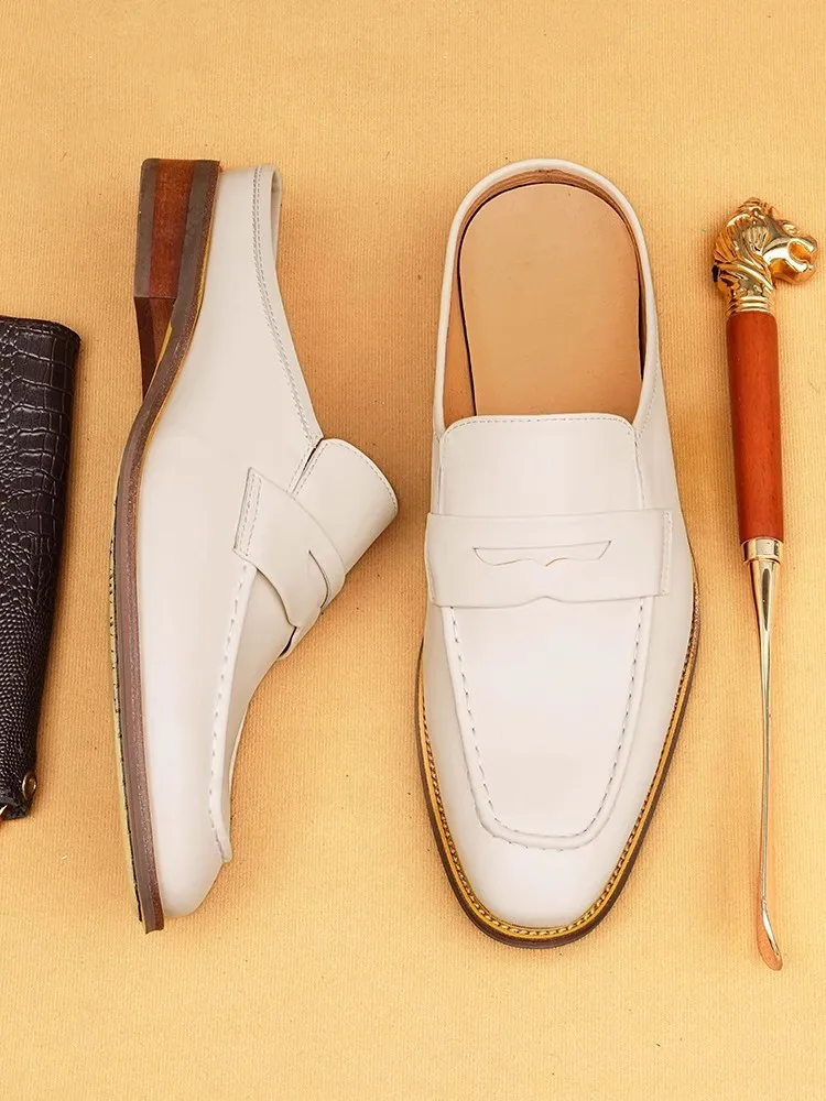 2025 New Mens Casual Slippers Business Style Breathable Solid Color Summer Genuine Leather Slides Handmade High Quality Shoes