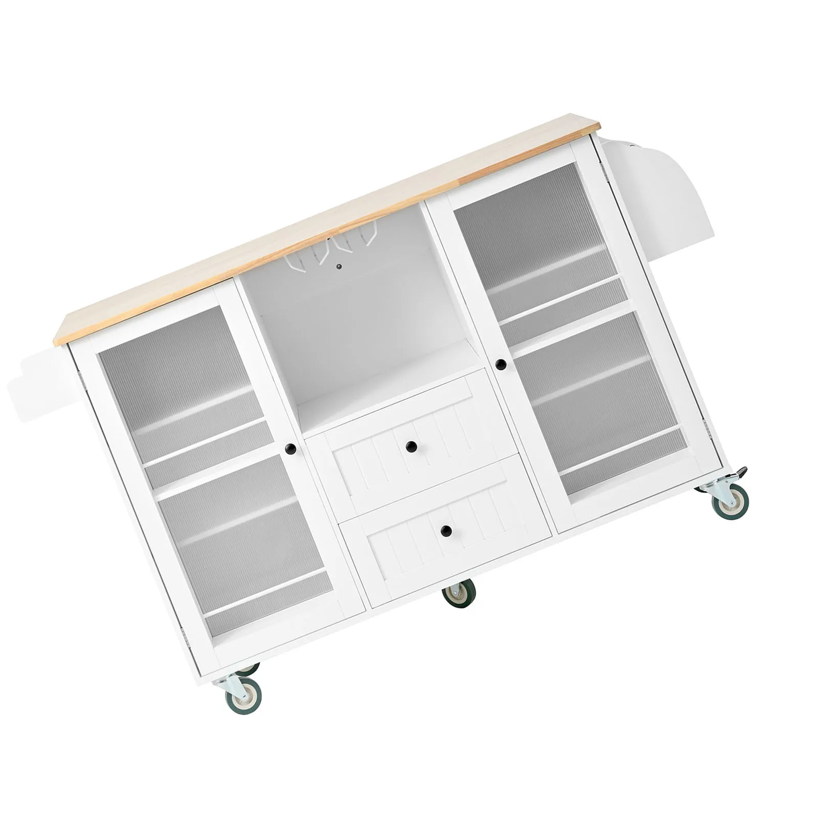 جزيرة المطبخ لطاولة الجزيرة مع طاولة دوارة على عجلات مع رف تخزين مفتوح من جانب سطح السقوط باللون الأبيض